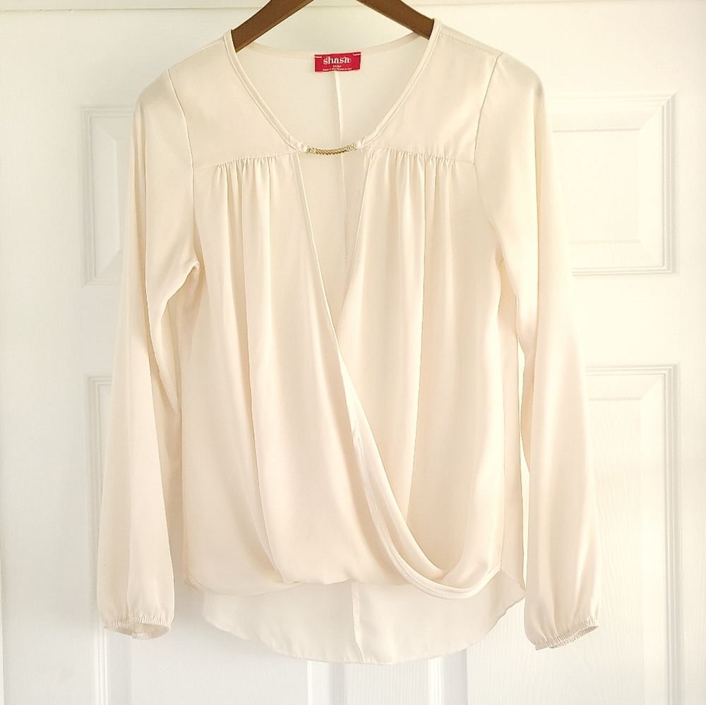 Cream Long Sleeve V Cut Blouse